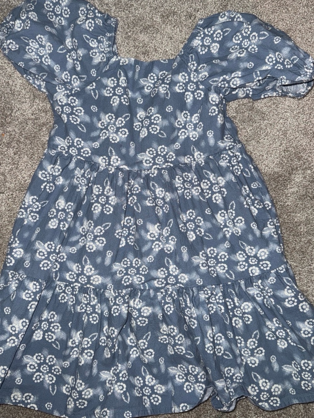 Girls' Blue Floral Puff-Sleeve Tiered Dress